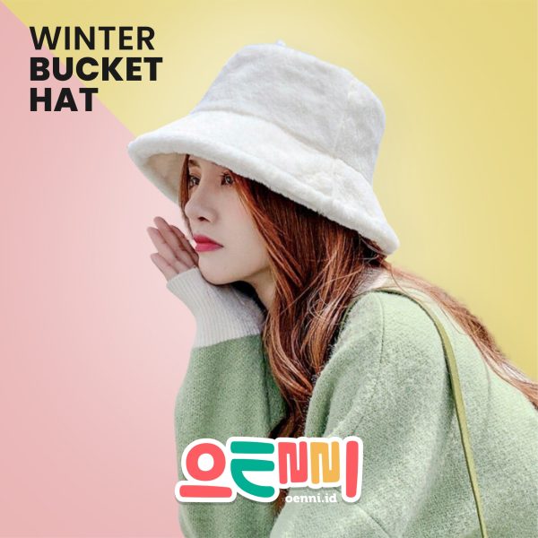 Topi Winter Bucket Polos Fur Bulu Putih Oenni - Gambar 2